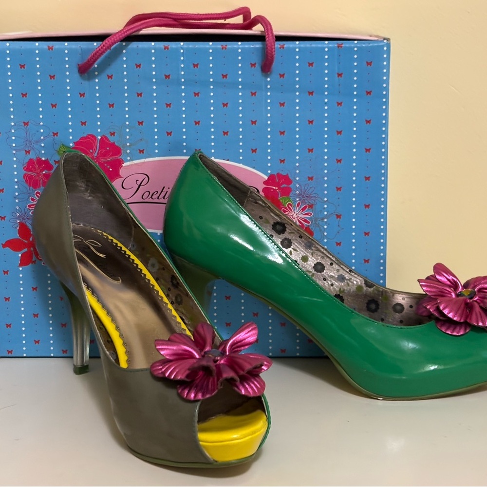 Poetic License Green and Gray Heels with Pink Floral Accent